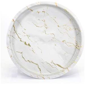 Plateau de décoration moderne en marbre blanc 370 mm rond en métal, plat de service élégant pour la nourriture et les repas par Kontensan modèle EF16351 - Product Image 1