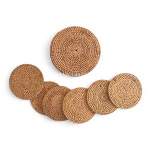 Handmade Bohemian Style Natural Rattan <b>Coaster</b> Set with Tray From Vietnam <b>for</b> Daily <b>Drink</b> Serving and Decorative Table Styling - Product Image 1