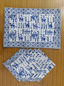 Serviettes de table imprimées en blocs de coton 100% sur mesure par lots de 4 et 6, idéales pour la maison à l'ombre de bleu et d'orange - Product Image 4