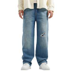 Jeans pour hommes à taille haute, lavés, vintage, avec logo personnalisé, denim lourd, jambe large, jeans baggy pour hommes - Product Image 1