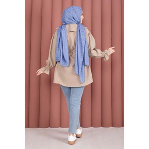 Túnica Informal Beige con Cuello Bordado y Cintura Ajustable con Cordón, Tejido de Popelina y Chifón, Estampado Diario, Talla XS, Corte Holgado - Product Image 6