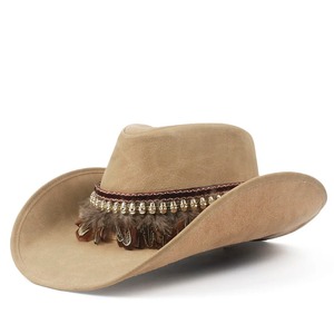 Sombrero de vaquero occidental de cuero de moda de tamaño ajustable 58-59CM para mujeres y hombres, cinturón de plumas Punk, Sombrero Fedora para Hombre, gorras para - Product Image 5
