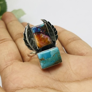 แหวนแต่งงานของผู้หญิงทำด้วยมือเงินแท้925แหวนแฟชั่นสีเทอร์ควอยซ์ฝังหนามเตยดีไซน์เนอร์ - Product Image 4