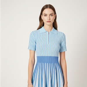 ชุดเดรสสเวตเตอร์ถักแขนสั้นผ้าผสมวิสโคส กระโปรงจีบเอวสูงยืดหยุ่นสูง ตัวเสื้อแบบโปโลลายจั๊มพ์แบบสปอร์ต - Product Image 5