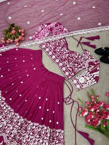 Bride Wedding Photoshoot Special Rani Color Traditional <b>Belt</b> Work Lahenga Choli With Mirror & Lace Work Dupatta - Product Image 3