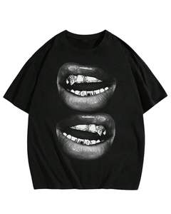 T-shirt surdimensionné à imprimé graphique lèvres noires personnalisé pour homme, streetwear, coton, manches courtes, décontracté, coupe ample, mode moderne, haut de t-shirt - Product Image 1