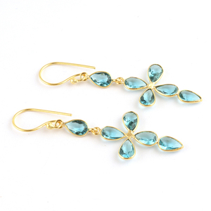 Custom Jewelry Dainty Pear Shape Gemstone <b>Earrings</b> swiss Blue <b>Quartz</b> Bezel Setting Drops Brass Gold Plated Multi Stones <b>Earrings</b> - Product Image 3