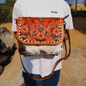 Hand Tooled Leather <b>Bag</b> Handbag Sling <b>Bag</b> Tooled Cow Hair On Leather Purse Women Leather <b>Bags</b> - Product Image 5