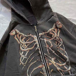 Diseño personalizado 100% algodón manga larga lavado ácido hueso estampado Sudadera con capucha Y2K Zip Up sudaderas con capucha desgastadas - Product Image 4