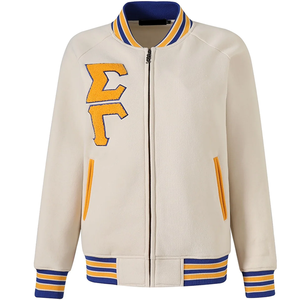 Chaqueta Universitaria Negra de Hermandad Femenina, Chaqueta con Cierre y Bordado de Iniciales Griegas en Chenilla Crema y Amarilla, Chaqueta Universitaria y de Fraternidad - Product Image 1