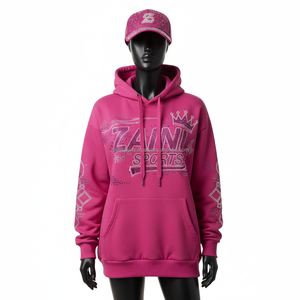 Sudadera con capucha de lujo 320 GSM para mujer, tela de lana de algodón, Color rosa, diamantes de imitación brillantes, logotipo personalizado, ropa de moda, sudadera básica para mujer - Product Image 1