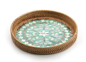 Forme arrondie polyvalent utilisé petit déjeuner plateau de service en bois nacre os incrustation vadrouille finition plateaux de service - Product Image 5