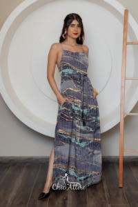 Robe longue sans manches à bretelles spaghetti délicates avec taille cintrée à imprimé géométrique abstrait pour les événements de soirée - Product Image 6