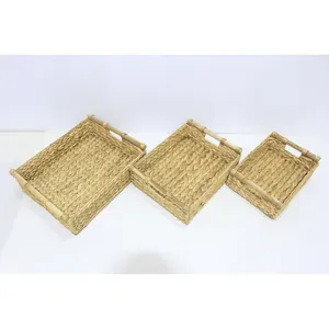 Panier de rangement en jacinthe d'eau tissée à la main naturelle avec poignées en bois pour la décoration intérieure Panier à linge Artisanat