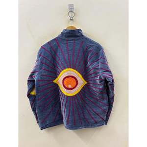 Autumn Boho <b>Reversible</b> <b>Jacket</b> Awakened Eye-Suzani Hand-Embroidered Velvet Stand Collar Slate Blue Saffron Magenta Bomber Style - Product Image 2
