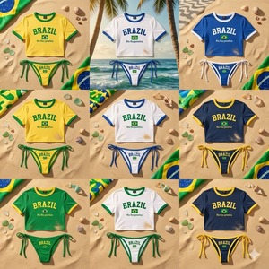 Ensemble de bikini crop top personnalisé pour femmes, 2 pièces, string à cordon, maillot de bain à col rond, imprimé, vêtements de plage tendance - Product Image 4