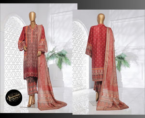 Ssumaira Collection's Chikenkari con Farshi Shalwar & Print Fancy Lawn Dupatta 3 PC Marca BINSAEED - Product Image 3