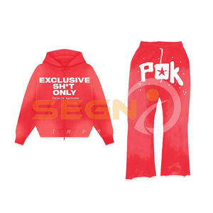 High Street French Terry Acid Wash Sudadera con capucha y pantalones acampanados Jogger Set Puff Printing Logo Etiquetas personalizadas Chándales para hombres - Product Image 2