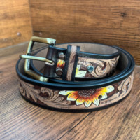 Nouvel arrivage de ceintures florales occidentales en cuir véritable usinées à la main et peintes à la main Ceintures unisexes en cuir véritable usiné à la main