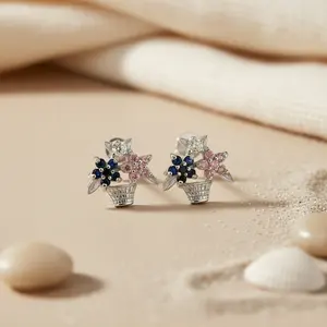 Trendy Vintage Silver Flower Basket <b>Stud</b> <b>Earrings</b> for Women Multicolor Gemstone Religious Animal Pattern <b>Opal</b> Pearl for Parties - Product Image 1