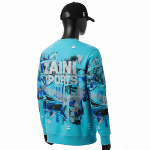 Sudadera de Hombre, 300 GSM, Algodón, Azul Agua, Estampado Abstracto, con Logotipo Personalizado de Pedrería, Calidad Premium, Sudaderas Básicas - Product Image 5