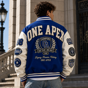 Custom Royal Blue & <b>White</b> <b>Men's</b> Hooded V-Neck Baseball Letterman <b>Jacket</b> Single Button Closure 100% Cotton/Wool Winter OEM/ODM - Product Image 3