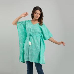 Vestido Kaftan de Algodón con Estampado Bandhani Azul Claro, Talla XS, para Damas de Oficina, Ropa Casual Moderna de Boutique ODM (SHKUP1235) - Product Image 3