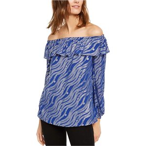Top da donna Michael Kors taglie forti con stampa floreale, volant e spalle scoperte, blu, taglia 0X, con logo ricamato in pizzo e paillettes - Product Image 1