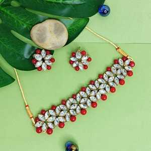 Ensemble de bijoux de mariage indien Boho Floral Crystal Kundan Red Pearl Rhinestone Choker Necklace Earrings - Product Image 2