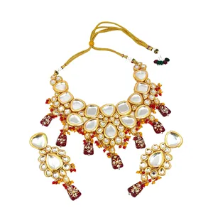 Ensemble de collier vintage en or Kundan avec pendentif rouge, magnifique bijou de mariée et de mariage pour filles, plaqué or - Product Image 4