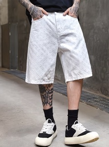 Shorts décontractés pour hommes en denim blanc patchwork, taille mi-haute, entrejambe de 5 pouces, fermeture boutonnée, poches, style urbain, respirant, coupe-vent - Product Image 6