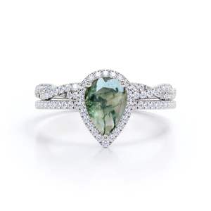 Personalizado 1,5 quilates corte de pera ágata musgo y moissanita conjunto nupcial grabado anillo de plata chapado en oro blanco para boda - Product Image 6
