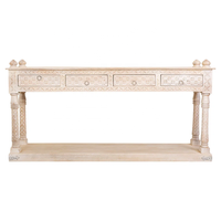 Table console moderne en bois de manguier blanc vieilli avec quatre tiroirs sculptés fabriqués à la main pour villa, hôtel, salon et couloir