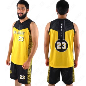 ชุดเสื้อบาสเก็ตบอล Blaze Sportswear แบบ unisex แขนกุด คอวี หมายเลข 23 สีเหลืองดำ พิมพ์ลายแบบ Sublimation ระบายเหงื่อได้ดี ทรงหลวม ด้านหน้า 100% - Product Image 3