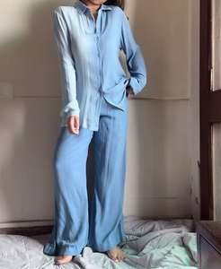 ชุดเสื้อกางเกงผ้าเครปสองชิ้นสำหรับผู้หญิงชุดเสื้อใส่ในเลานจ์ผ้าฝ้าย100% ระบายอากาศได้สำหรับผู้หญิง - Product Image 1