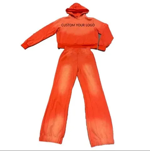 Conjunto Deportivo de Sudadera con Capucha y Pantalones de Chándal Vintage con Lavado Ácido y Logotipo Bordado con Parches Desgastados Personalizados al por Mayor para Hombre - Product Image 1