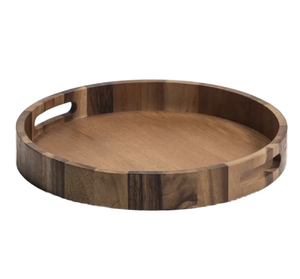 Plateau de service rond en bois d'acacia avec poignées pour servir des boissons décoratives d'Inde - Product Image 1