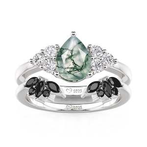 Bague en argent sterling avec agate mousse taille poire du Rajasthan, motif floral, bijoux de fiançailles romantiques pour femme, par Ishwar Art Jewellery - Product Image 3