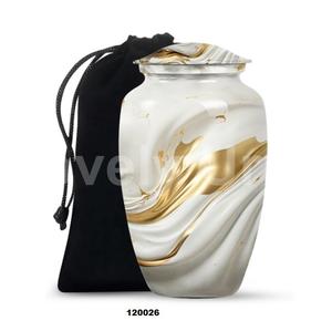 Urne adulte de crémation de grande taille finie en marbre blanc et or pour cendres humaines avec sac en velours gratuit - Product Image 1