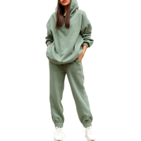 Ensemble de survêtements pour femmes 100% coton épais pull rose poches kangourou sweat épaule tombante pantalon de survêtement pour l'hiver