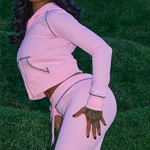 Ensemble de survêtement unisexe en tricot gaufré de haute qualité, lavage à l'acide, haut à capuche et pantalon, vêtements de sport décontractés, été - Product Image 3