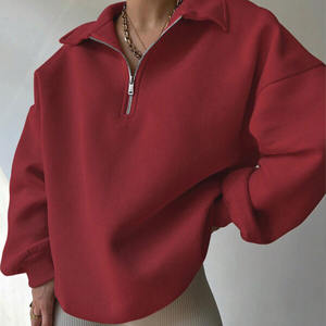 Sweat-shirt rouge surdimensionné à demi-fermeture éclair pull unisexe en molleton de coton à col haut épaules tombantes coupe ample Logo personnalisé Streetwear décontracté - Product Image 1