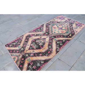 Turkish Vintage Area <b>Rug</b> 3.5x7.6 ft, <b>Black</b> Pink Striped Wool <b>Rug</b> - Product Image 3