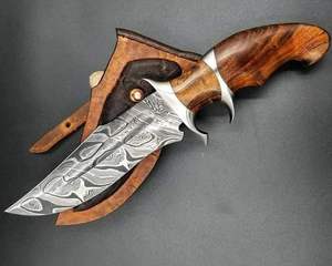 มีดเหล็กดามัสกัสล่าทำด้วยมือพร้อมด้ามไม้ปลอกหนังมีดเกรด DIY รองรับการปรับแต่ง OEM - Product Image 2