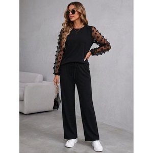 Ensemble deux pièces pour femme, chemisier à manches longues en viscose à deux fils et pantalon, col rond, manches en tulle, 37428 - Noir - Product Image 4