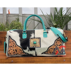 Large Capacity Travel Bag Hand Tooled Leather Turquoise Concho Duffle Bags Genuine Cowhide Leather Travel Vintage Bag for Unisex - Product Image 1