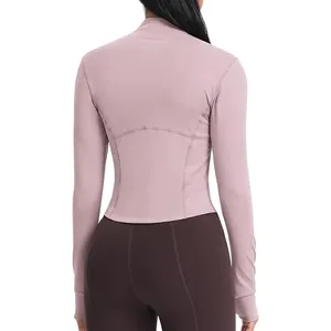 Roupas de ginástica para mulheres, jaqueta esportiva slim fit com zíper completo e manga comprida de alta qualidade para ioga e academia com suporte para os dedos
