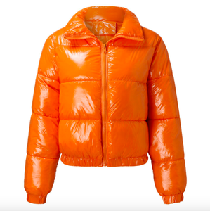 Chaqueta Bomber Impermeable y Cálida para Mujer, Talla Grande, con Capucha, Ligera, Acolchada, Negra Brillante, con Cuello Alto - Product Image 1