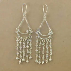 Pendientes Colgantes de Plata 925 con Piedra Lunar y Baño de Oro, Diseño Geométrico Boho para Regalo de Boda, Pendientes Largos para Mujer - Product Image 2