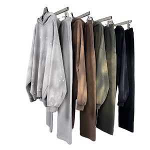 Conjunto de sudadera con capucha y pantalones de chándal desgastados vintage personalizado 450 gramos de algodón pesado para hombre lavado ácido sin cadena conjuntos de Sudadera con capucha - Product Image 1